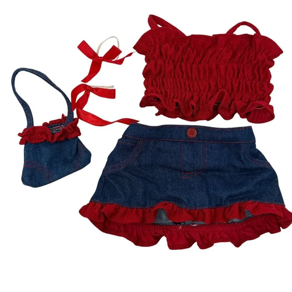 Build-A-Bear BAB Denim Skirt Ruffle Red Top Set Ribbon Bag Purse Summer Outfit